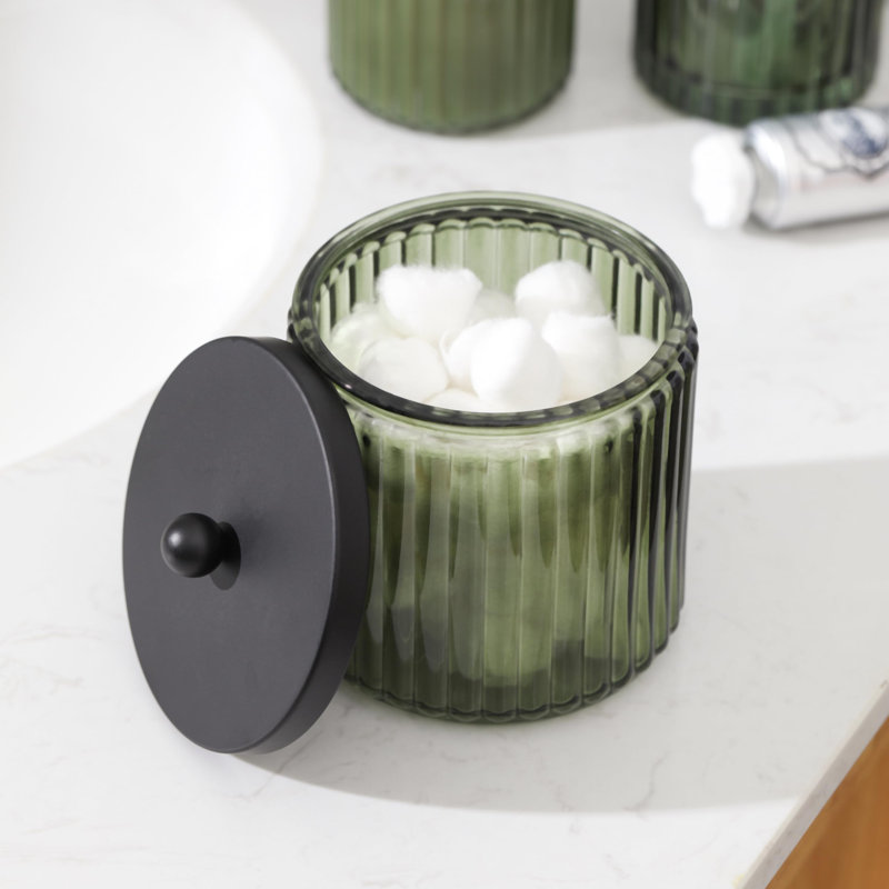 4Pcs Heavy Weight Decent Glass Bathroom Accessories Set With Decorative Pressed Pattern - Includes Soap Dispenser, Lidded Cotton Jar, Tumbler And Soap Dish(Olive Green)