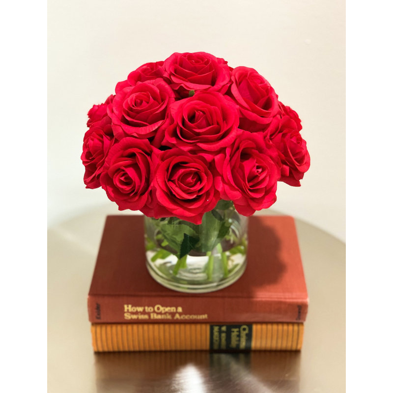 Real Touch Red Rose Arrangement Cylinder Glass