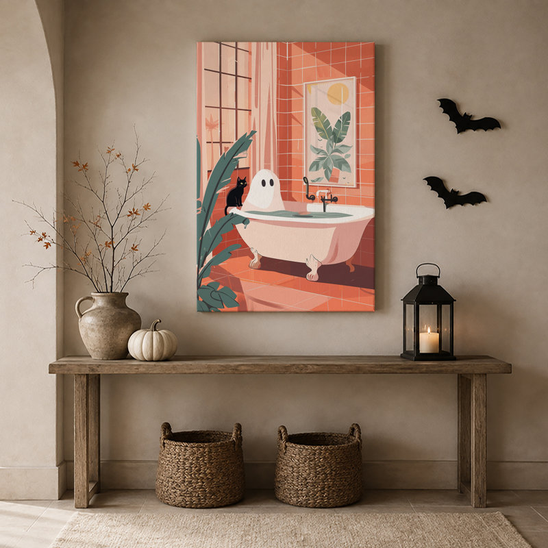 «Ghost Bathing in Pink Tub with Black Cat in Halloween», art mural sur toile, H 30 po x l 20 po