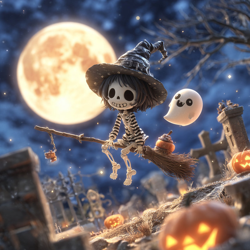 Skeleton Witch Ride Wrapped Canvas Wall Art