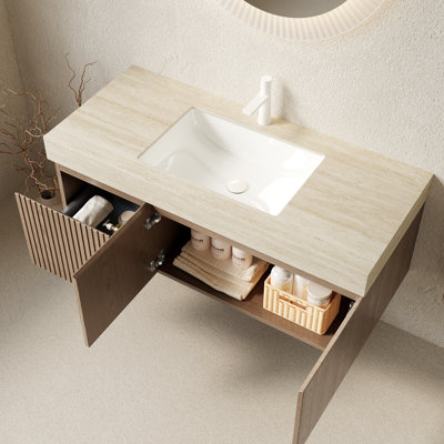 Meuble-lavabo moderne avec rangement, plateau en travertin Roma et lavabo en céramique