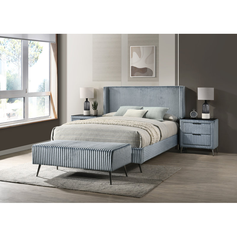 Northington Mavela Wide Wale Upholstery Bedroom Set, Queen, Blue, Yes