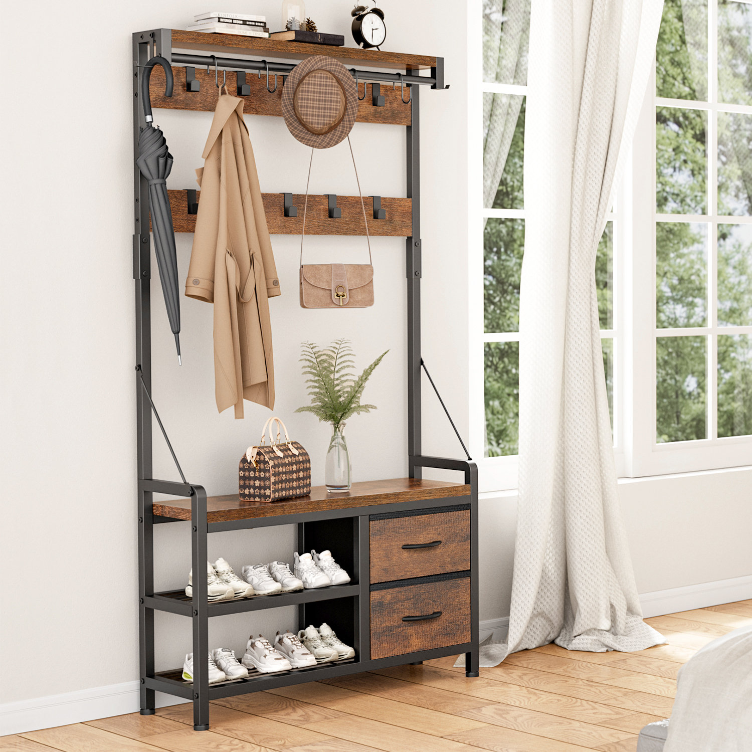 Tribesigns Industrial [Shoe] [Rack] [Bench] with Coat [Rack] Set With Hall  Tree, 3 Storage Cubbies, 7 Hooks for Entryway, Hallway, 5-in-1Design