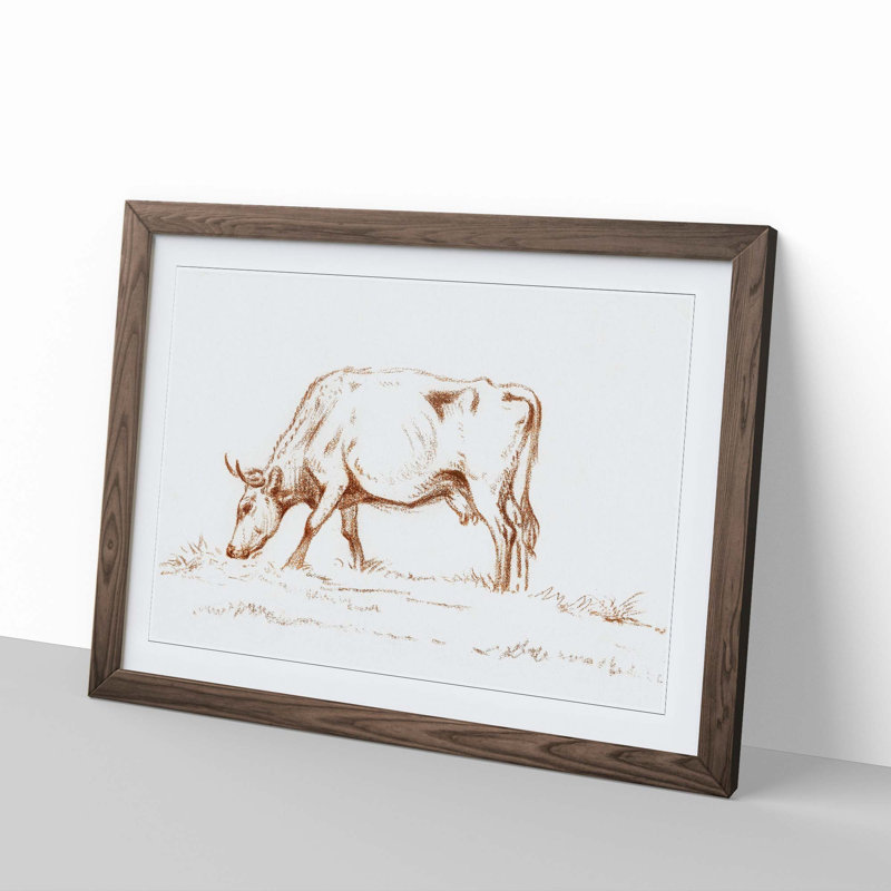 Grazing Cow by Jean Bernard - Picture Frame Drawing Print, 27cm H x 36cm W x 2cm D, Walnut Framed
