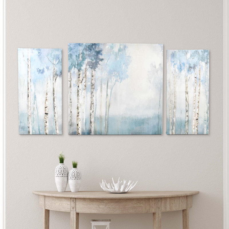 "Blue Birch Tree Landscape", 3 pièces, grande décoration murale abstraite pour le salon, la chambre et la salle à manger
