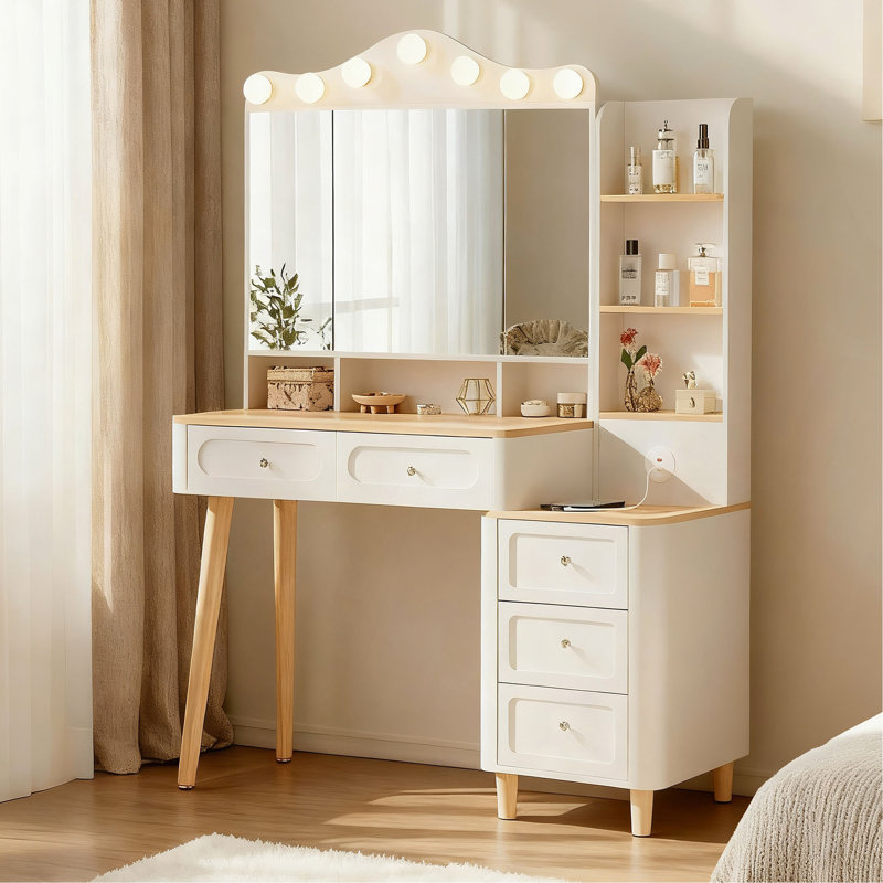 Bureau de coiffeuse avec miroir et lumières, coiffeuse de maquillage avec 2 barrettes d'alimentation USB, ensemble de coiffeuse avec deux tiroirs, 3 modes d'éclairage à luminosité réglable, miroir pliable à trois côtés