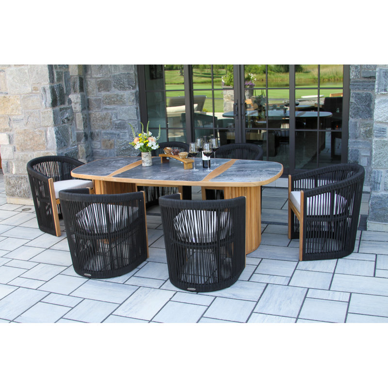 7 Pc. Teak & Black Rope Oval Dining Set With Sunbrella® Cushions