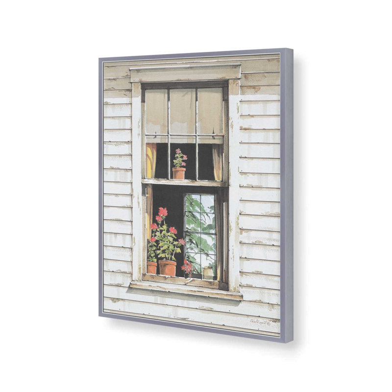 «Window Geraniums» par John Rossini, reproduction d'art, L 36 x H 48, Argent, Impression encadrée