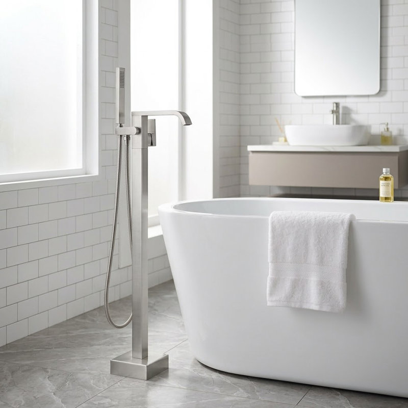 Robinet de baignoire moderne à fixation au sol avec douche à main, argent