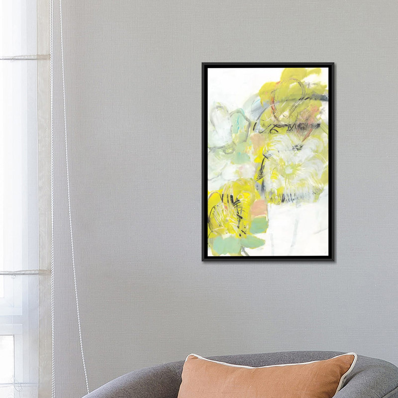 « yellow floral abstract i », impression sur toile, H 60 po x l 40po x P 1,5 po, Toile avec cadre noir, Pas de tapis