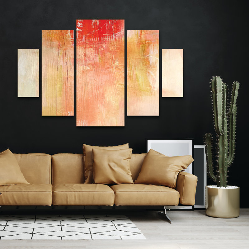 Ensemble de 5 panneaux muraux - Mila Apperlo «Orange 789», art mural sur toile pour le salon, la chambre à coucher ou le bureau 