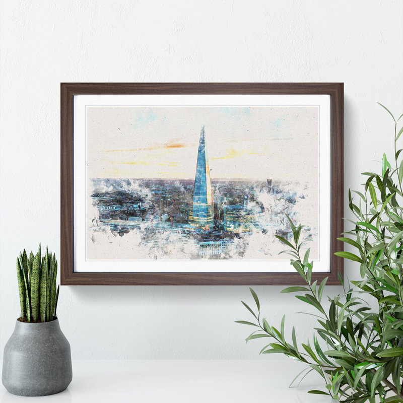 The Shard London England Skyline - Picture Frame Painting Print on MDF, 24cm H x 33cm W x 2cm D, Walnut Framed