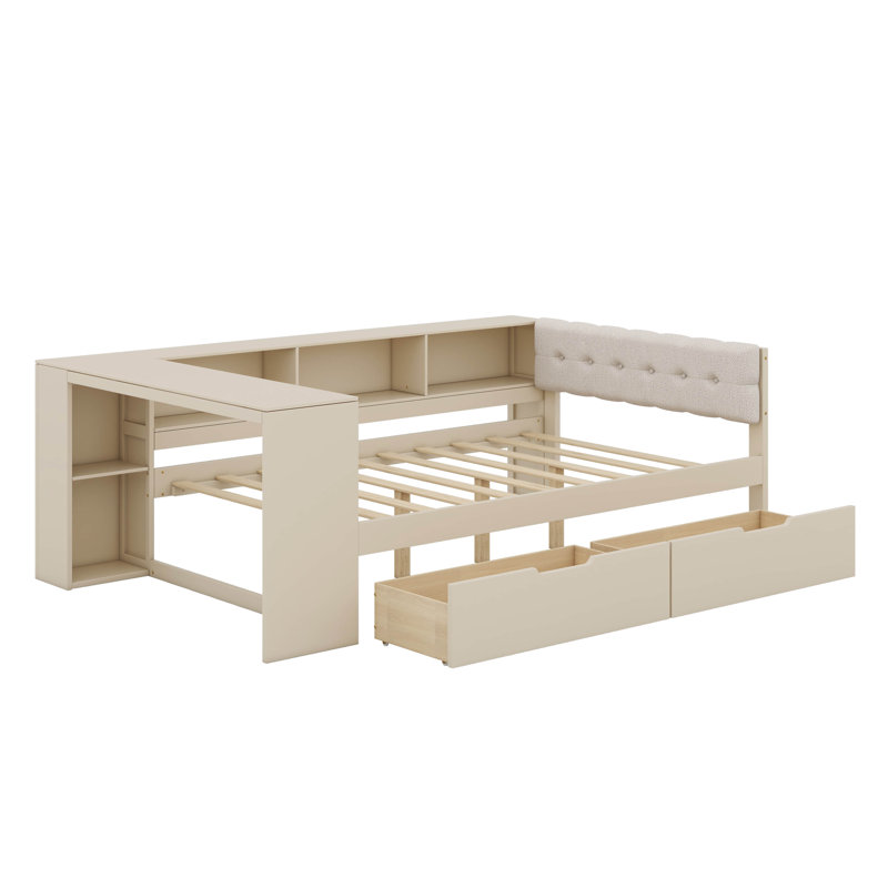Lit plateforme double avec tablettes, tiroirs, station de charge et tête de lit tapissier, Lit double, Crème, crème