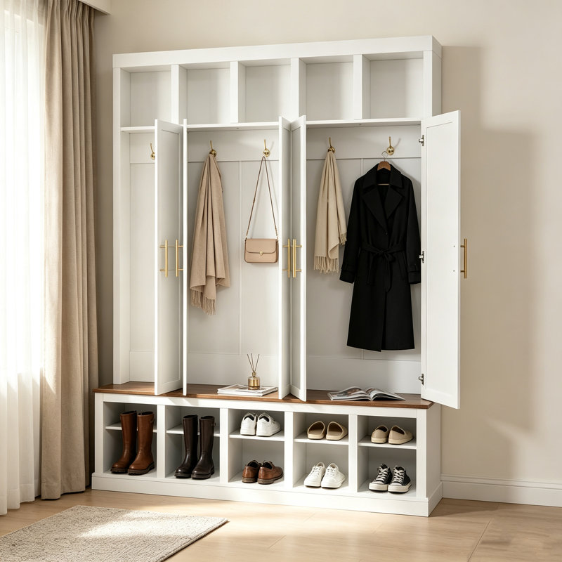 Système d'armoire d'entrée de style champêtre, 150 cm L × 39 cm l × 193 cm H, placard fermé avec casiers et tablette à chaussures inférieure, blanc antique