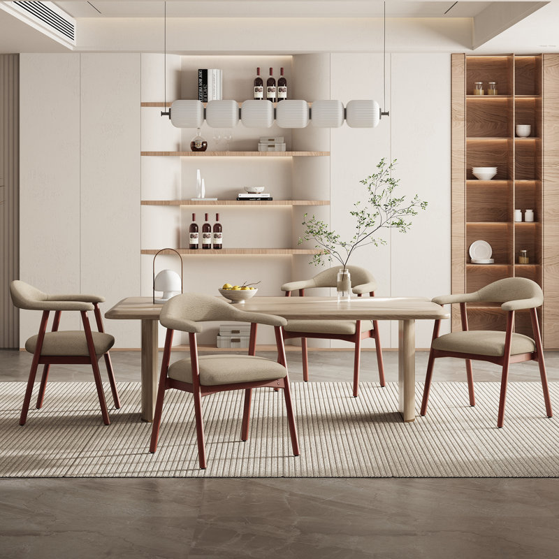 Upholstered Dining Armchairs With Solid Wood Legs, Fabric Camel