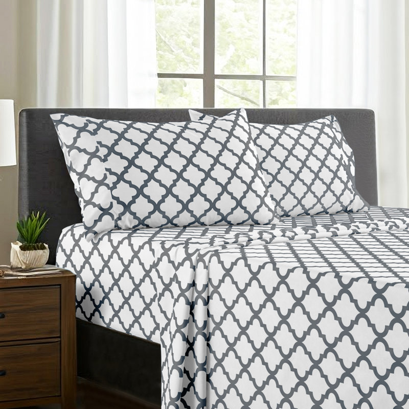 Lux Decor Collection 4 Pc Soft Microfiber Bed Sheets Set Geometric Quatrefoil Bedding, White/Gray