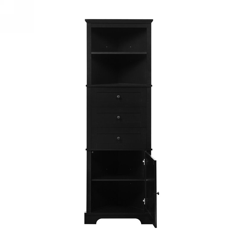 Armoire noire triangulaire pour la vie quotidienne - 3 tiroirs, tablettes réglables, rangement en métal et poignées en métal
