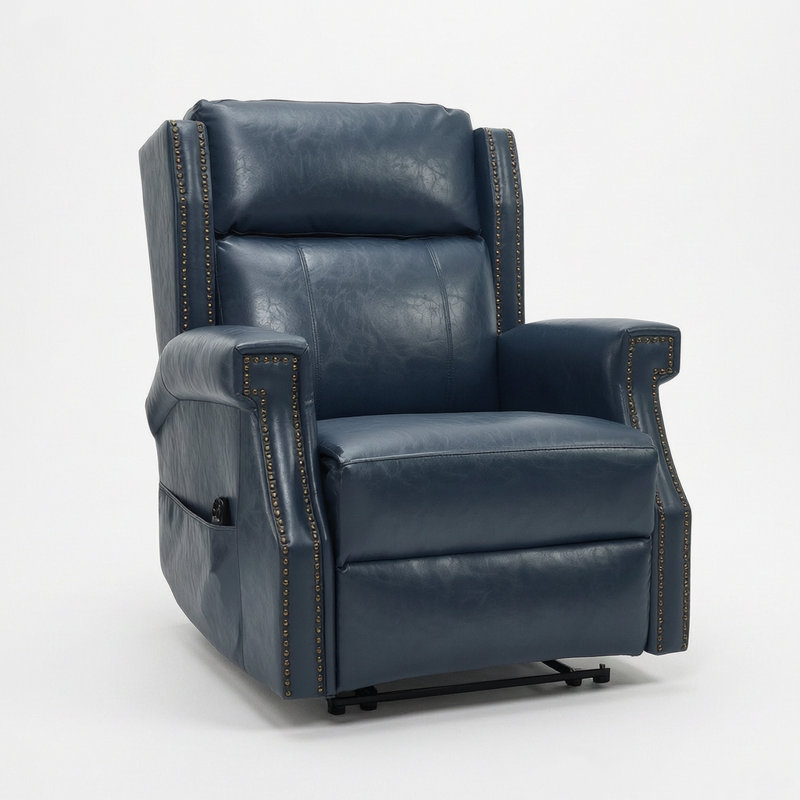 Fauteuil inclinable bleu en faux cuir avec mouvement robuste, 8 nœuds vibrants et 3 modes de massage, poche latérale pour le salon