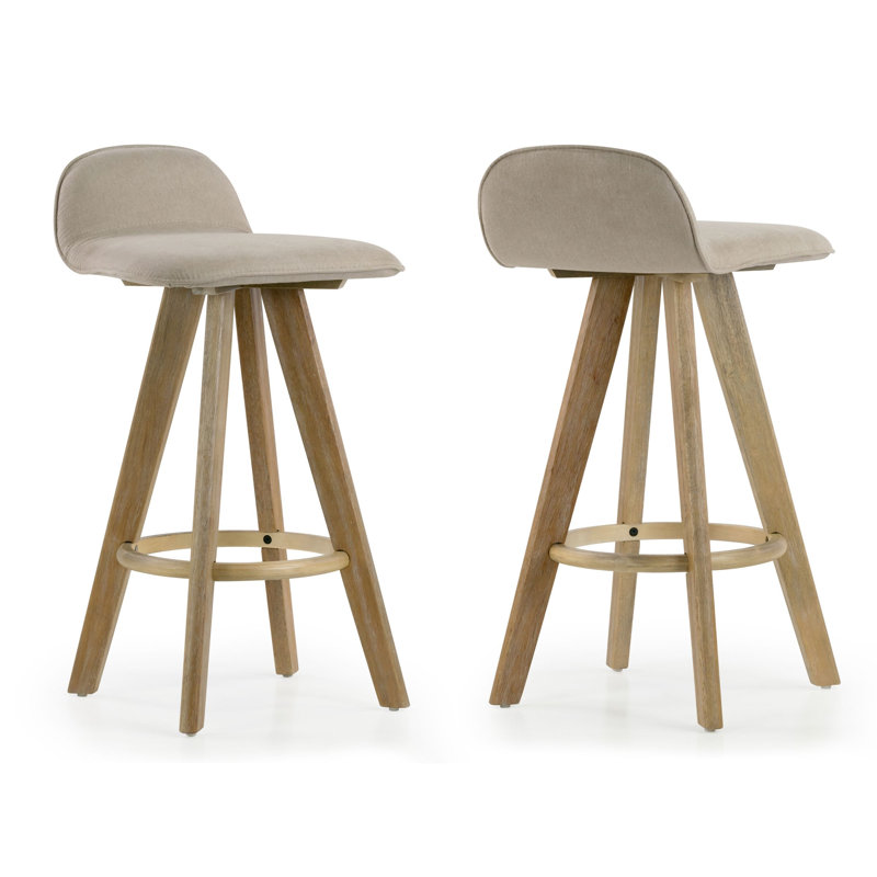 Set of 2 Asta Dark Washed Wood Bar Stool with Low Back Fabric Seat, White Washed