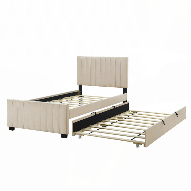Lit plateforme simple tapissier en velours avec lit gigogne, Beige