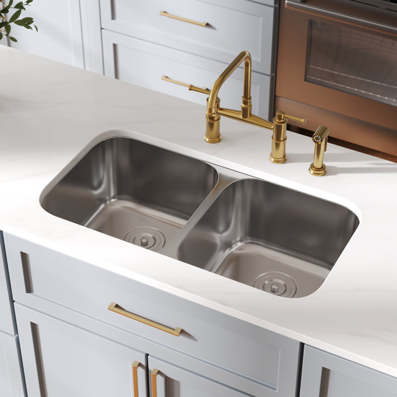 Deervalley 32" X 18" Stainless Steel Undermount 50/50 Double Bowl Kitchen Sink With Basket Strainer