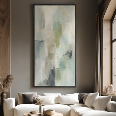 Large Framed Canvas Wall Art - Soft Green Blue Abstract Vertical Minimal Decor - 60"x20", 60"x30"