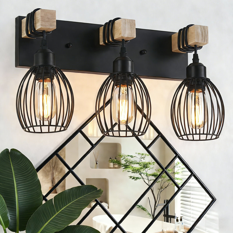 Wood Wall Sconce With Elegant Teardrop Cage, Industrial Black Vanity Lights Over Mirror For Living Room Bedroom Hallway