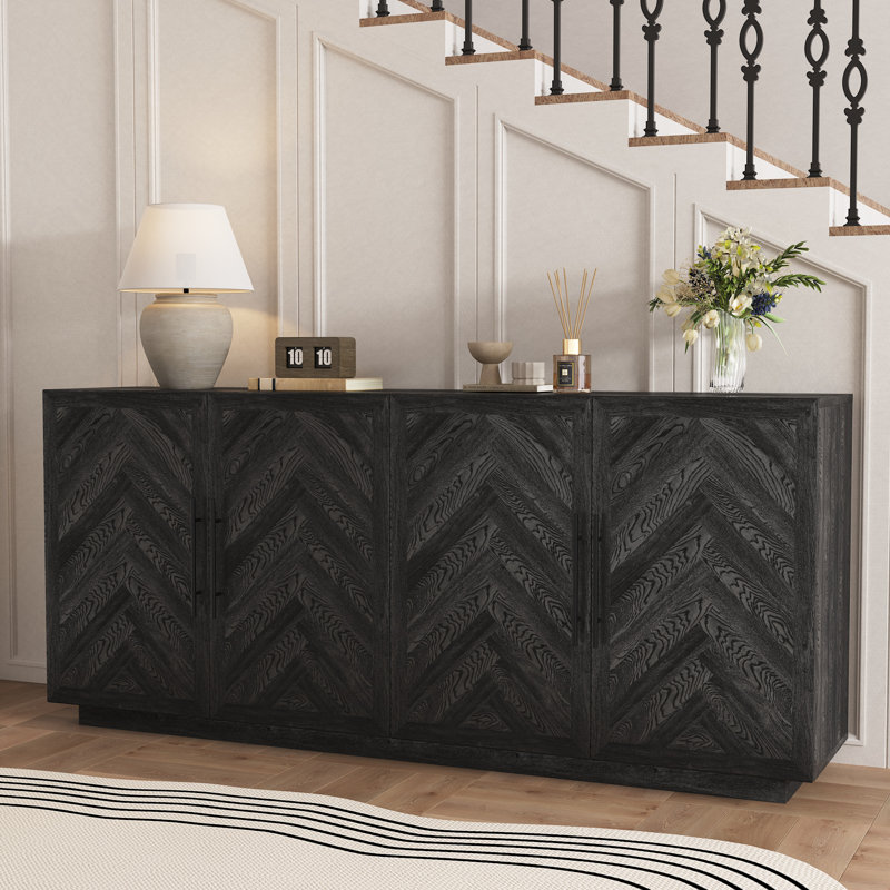 Buffet 70,8 po noir avec rangement, grande console en bois avec 4 portes et meuble télé long