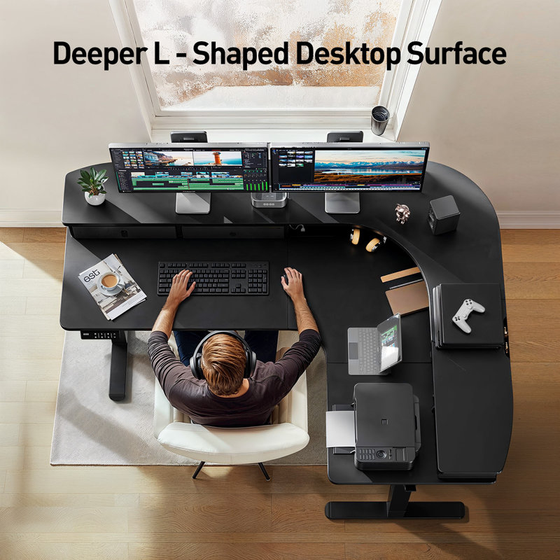 Black Adjustable Height L-Shaped Standing Desk with Drawers and Power Outlet
