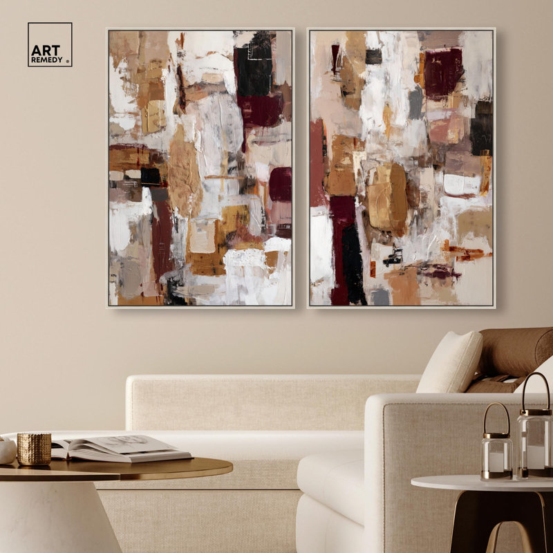Abstract Harmony Set Canvas Print Boho Gold Wall Decor Set by Art Remedy, Black Frame, 10 x 15, 37" H x 25" W, Silver Frame