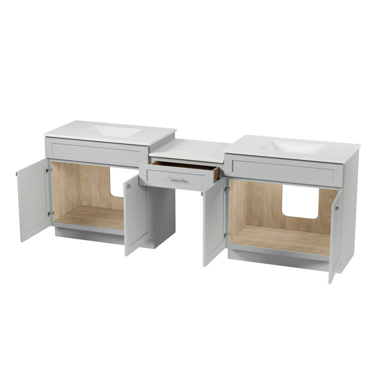 Meuble-lavabo double 96 po avec tiroir en bois massif et comptoir en quartz de Carrare, Gris