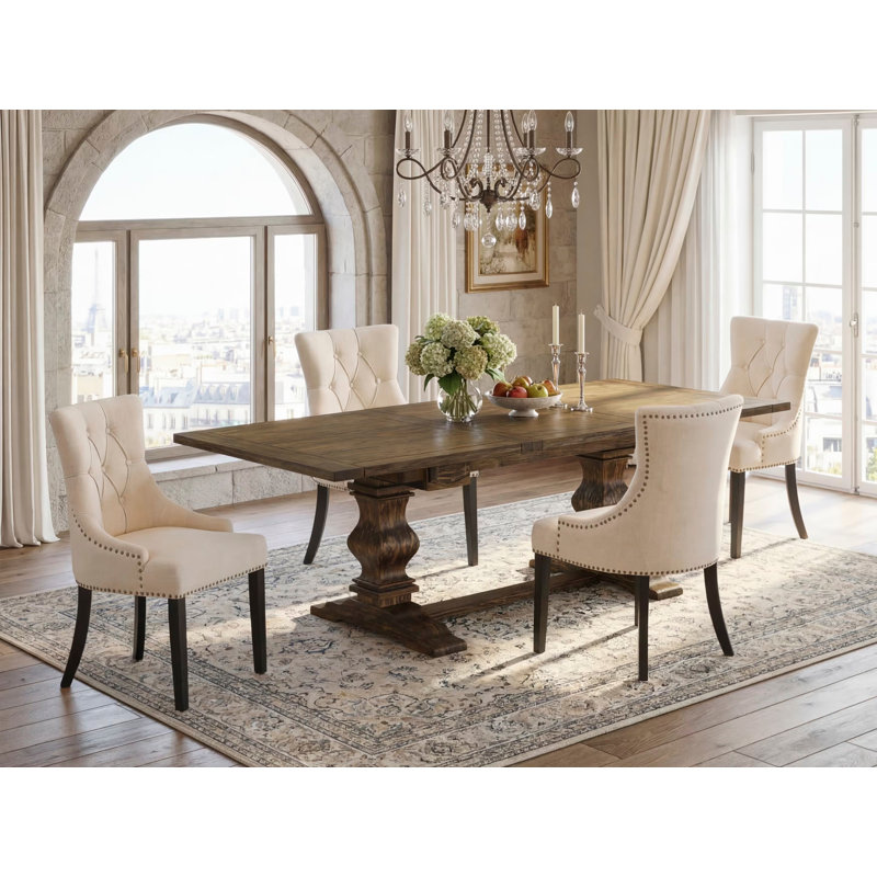 L'ensemble de table de salle à manger 5 pièces pour 4 personnes comprend une table de cuisine rectangulaire avec rallonge amovible et 4 chaises Parsons en lin beige clair