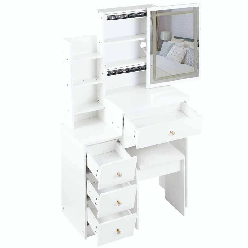 29.2" Small Size Left Bedside Cabinet Vanity Table + Cushioned Stool, 2 Ac+2 Usb Power Station, Hair Dryer Bracket, Extra Large Touch Control Sliding Led Mirror, Tri-Color Switching, Brightness Adjust