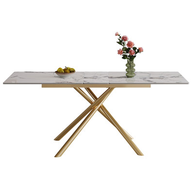 59-Inch Modern Rectangle Expandable Dining Table With Retractable Leaf, Sintered Stone Top & Golden Carbon Steel X-Base, Sturdy 4-6 Person Table For Small Apartments, Kitchen, Dining Room