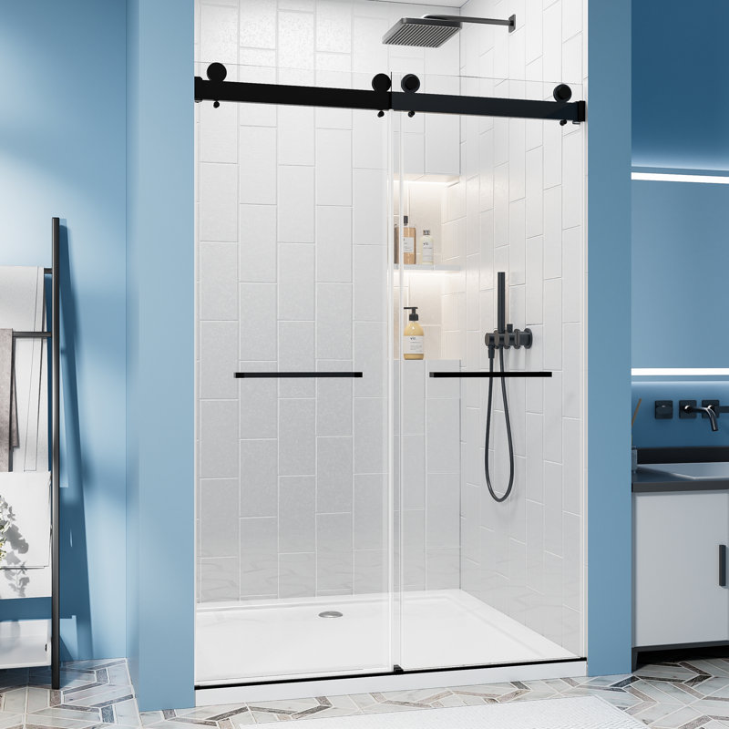 56"-60" W X 76" H Frameless Double Sliding Shower Door, Soft-close Matte Black Shower Screen, 5/16" (8mm) Clear Tempered Glass With Explosion-proof Film, Dual Stainless Steel Door Handles