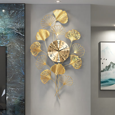35 Inch Gingko Leaf Wall Clock Silent Non-Ticking Decorative Living Room Wall Art Home Office Decor