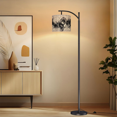 Arc Floor Lamp with Adjustable Lampshade Ink Rose Abstract Floral Roses Large Petals Abstract Standing Lamp 3 Color Temperatures Dimmable Tall Pole Lamp with Foot Switch for Bedroom