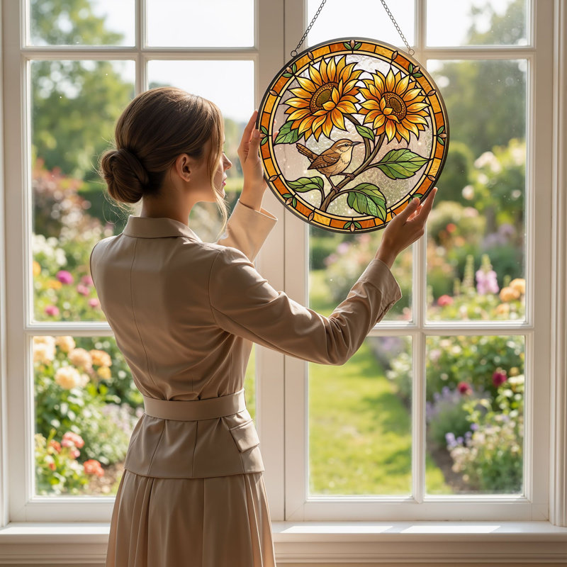Panneau de vitrail Sunflower Bird, H 7,8 po