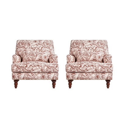 Upholstered Rococo Orange Nailhead Trim Accent Chair with Throw Pillow and Solid Wood Legs (Set of 2)