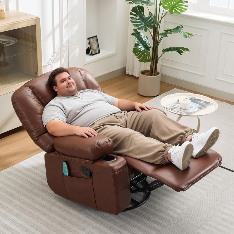 Fauteuil inclinable de massage avec chauffage, fauteuil pivotant à 360 °, porte-gobelet, pour le salon, brun, Similicuir brun