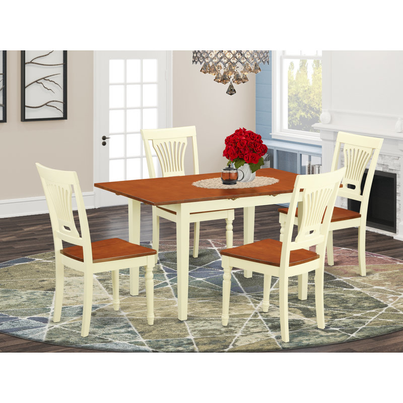 5 Piece Modern Dining Table Set Includes a Rectangle Wooden Table with Butterfly Leaf and 4 Dining Chairs, Buttermilk & Cherry