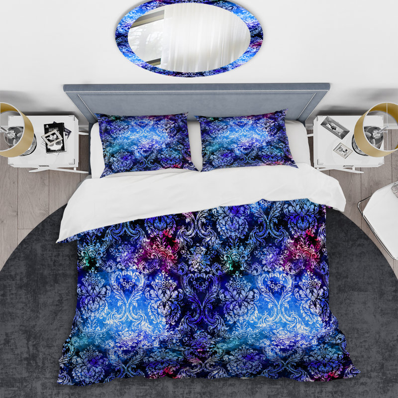 Ensemble de housse de couette en microfibre bleu / noir / rose 3 pièces, Housse de couette pour grand lit et 2 taies décor