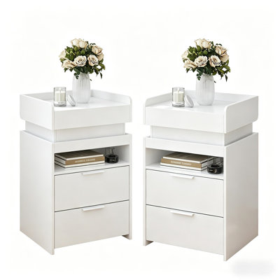 Set of 2 Nightstand with Storage Drawers LED Bedside Table with Charging Station