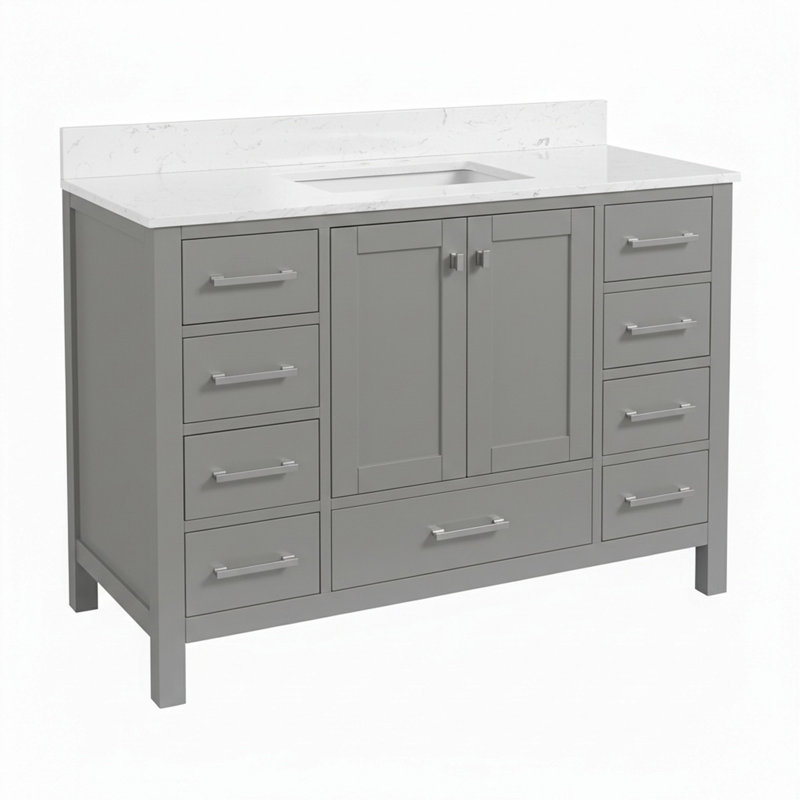 Meuble-lavabo sur pied 48 po, meuble-lavabo autoportant avec comptoir, armoire de rangement en bois massif gris
