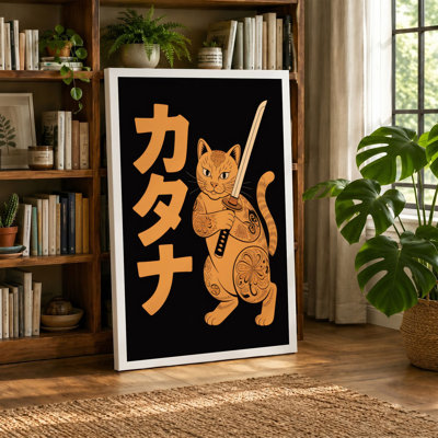 Golden Samurai Cat Japandi - Wrapped Canvas