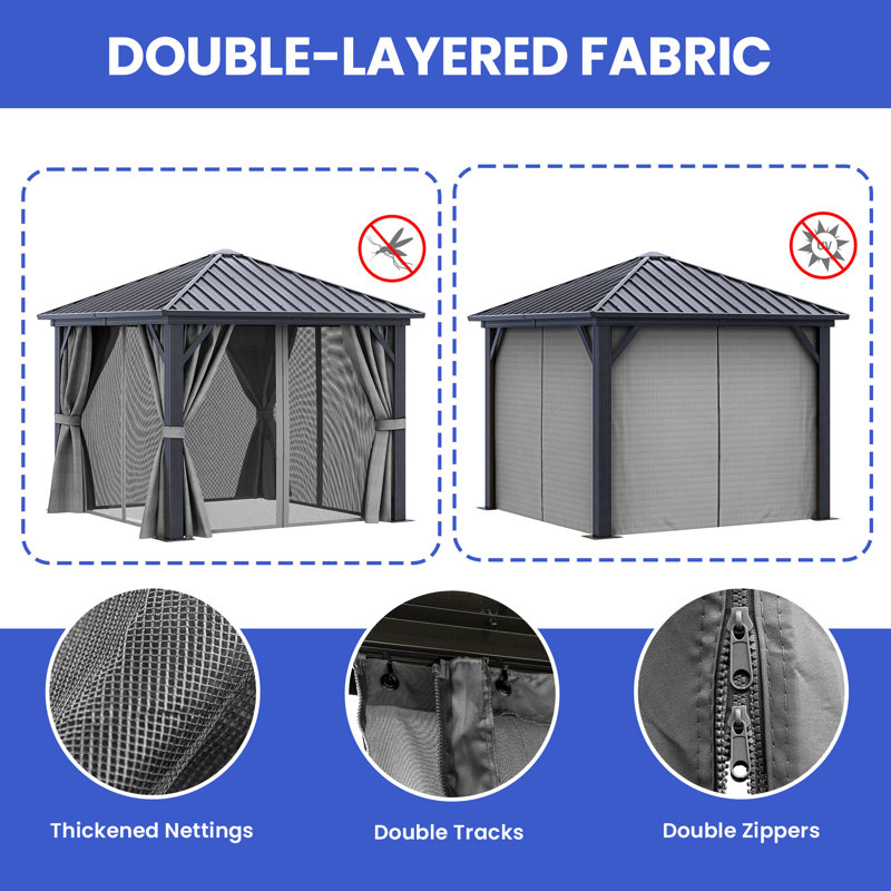 10x10ft Hardtop Gazebo with Nettings and Curtains,Heavy Duty Galvanized Steel Outdoor Vertical Stripes Roof for Patio, Backyard, Deck, and Lawns