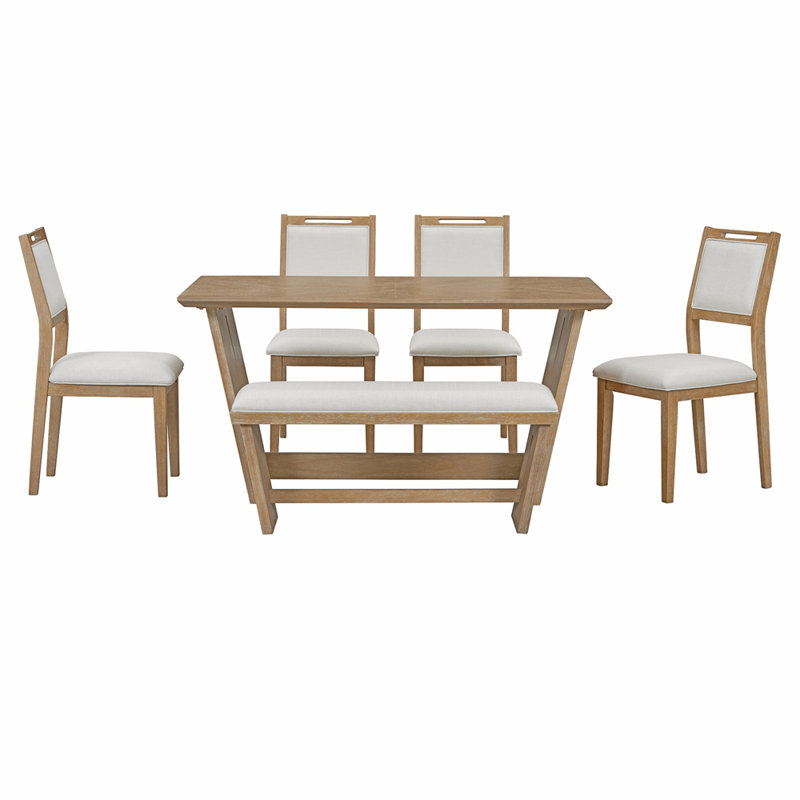 6-Piece Retro Dining Set, 1 Rectangular Table with 4 Upholstered Chairs and 1 Bench, Natural Wood Wash