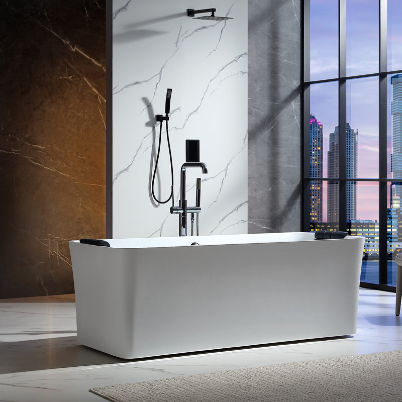 67 In. X 31.5 In. Center Drain Freestanding Whirlpool Bathtub Hydrotherapy Lighted Bath - 18 Black Jets In White