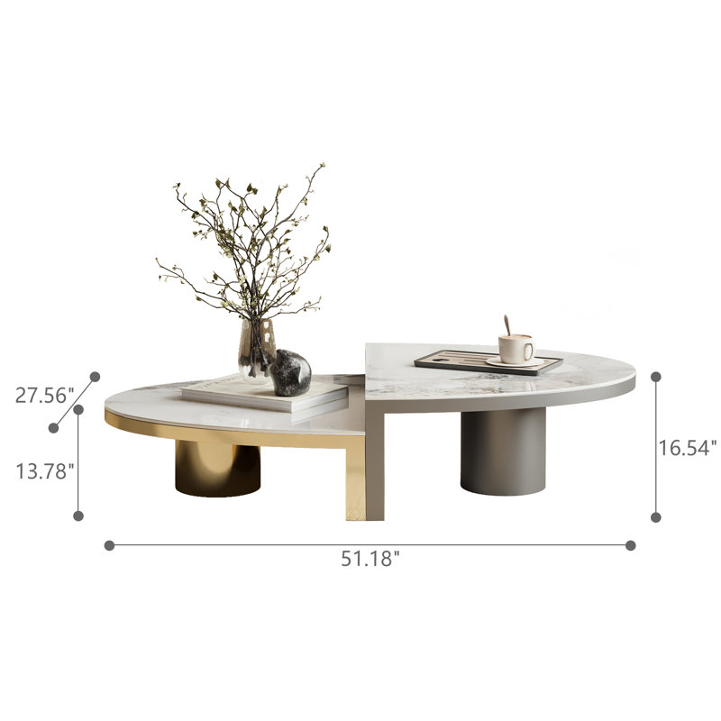 51" Oval Coffee Table: Modern Luxury Sintered Stone Top & Metal Base, Two-Tone Durable Design