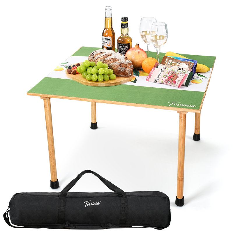 26x26in Bamboo Picnic Table with Carrying Bag + Free Picnic Pad, Outdoor Portable All-Purpose Table for Concerts, Camping, Beach, Tailgating, Patio, Kitchen, Living Room